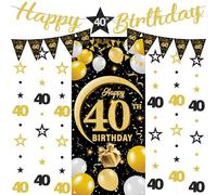 Set di striscioni per 40° compleanno, 9 pezzi, nero oro felice 40° compleanno sfondo bandiere triangolari numero 40 cerchio puntino scintillio stella ghirlanda per feste di quarant'anni decorazione