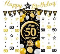 Set di striscioni per 50° compleanno, 9 pezzi, nero oro Happy 50th Birthday Sfondo Banner Triangolo Bandiere Numero 50 Cerchio Dot Twinkle Star Garland per Cinquant'anni Forniture Decorazioni