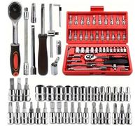Set di strumenti a bussola da 150/46 pezzi, riparazione automobilistica e motociclistica, include Set di prolunghe(46Pcs Socket Red)