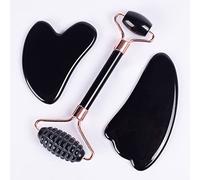 Set di strumenti GuaSha for rullo viso a dente di sega in giada, pietra di cristallo di ossidiana nera naturale, 3 pezzi a dente di sega decorazioni per la casa