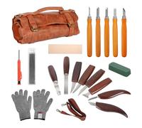 Set di strumenti per intaglio in legno, 18 pezzi, set da intaglio in legno con 8 grandi coltelli da intaglio in legno, 5 coltelli dettagliati, pietra affilatrice, guanti e borsa in poliuretano, set di