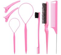Set di strumenti per lo styling dei capelli: spazzola tripla per prendere in giro, spazzola per bordi, pettini a coda di topo, anelli per treccia e clip per donne, ragazze, rosa