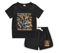 Set di T-Shirt a Girocollo e Pantaloni Corti per Bambini, Top a Maniche Corte con Stampa del Cartone Animato Tung Tung Tung Sahur e Pantaloni Corti Sportivi.,Nero,120cm