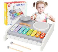 Set di tamburi per bambini, 5 in 1, giocattolo musicale in legno naturale, strumenti musicali con tastiera per pianoforte, xilofono, giocattolo Montessori, regalo di compleanno per ragazzi e ragazze