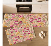 Set di Tappeti Cucina Antiscivolo 2 Pezzi, 40×60cm+40×120cm Tappeto Lavabile per Pavimento, Natura Piante Floreale Erbacce Passatoia Cucina con 16 Adesivi Antiscivolo in PU per Corridoio