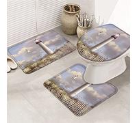 Set di tappeti da bagno in 3 pezzi, tappetino da bagno, bellissimo faro, prateria, cielo da sogno, nuvole, simpatici gabbiani, scenario, tappetino di contorno ultra morbido e copertura per v a, do