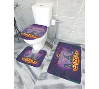 Set di tappeti da bagno in 3 pezzi Tappetino da bagno Smorfia di Halloween felice ZuccaCappello da strega Pipistrello Occhi dell'orrore Viola Tappetino di contorno ultra morbido e coperchio per v