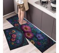 Set Di Tappeti Da Cucina 2 Pezzi Antiscivolo Lavabili,Stampe Floreali E Vite Set Di Tappeti Da Cucina Anti-Affaticamento,Stile Vetratatappeti Da Cucina Per Decorazione Casa (Blu, 40×60Cm+40×120Cm)