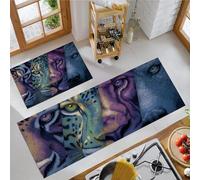 Set Di Tappeti Da Cucina 2 Pezzi Patchwork Animali Selvatici Tappetini Morbidi Antiscivolo Misteriosa Tigre Leopardo Tappeto Assorbente Per Cucina Lavello Corridoio Lavanderia 50X80+50X150Cm, Blu