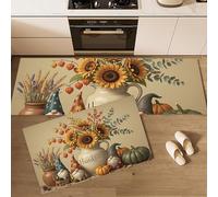 Set Di Tappeti Da Cucina 2 Pezzi Tema Ringraziamento Country Tappetini Morbidi Antiscivolo Girasole Zucca Vintage Tappeto Assorbente Per Cucina Lavello Corridoio Lavanderia 43X75+43X150Cm, Marrone