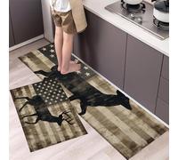 Set di Tappeti da Cucina, 43x75cm+43x150cm 2 Pezzi Tappetino da Cucina Retrò E Semplice Antiscivolo Tappetini Bandiera Americana Con Sagoma Di Cervo per Accanto a Lavello, Corridoio, Lavanderia, Beige