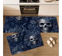 Set di Tappeti da Cucina Barocco A Rilievo 2 Pezzi 43x75cm+43x150cm | Tappetini da Cucina Teschio Motivi Scuri Lavabili Ultra-Sottile Passatoia Cucina, Assorbente Facile da Pulire Zerbino Per Interni