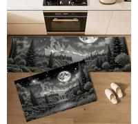 Set Di Tappeti Da Cucina E Tappetino Antiscivolo 2 Pezzi,Foresta Misteriosa Tappeti Resistenti Anti-Fatica,Elementi Della Cascata Sulla Montagna Della Luna Piena Tappetino Lavabile, 50×80Cm+50×120Cm