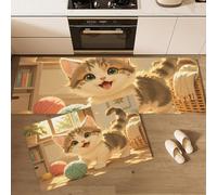 Set Di Tappeti Da Cucina Gatto Che Gioca Con Le Bambole | Tappetino Antiscivolo Lavabile 2 Pezzi, Tappeti Resistenti Anti-Fatica Luce Solare Animali Gomitoli Di Lana Beige Per Corridoio, 50X80+50X180