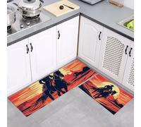 Set di Tappeti da Cucina, Tappetini in Piedi in Moquette Lavabili, Set di Tappeti da Pavimento Antiscivolo Vintage Di Equitazione Rosso da 2 pezzi, 43x75cm+43x150cm, Illustrazione