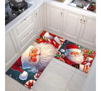 Set di Tappeti da Cucina, Tappetini in Piedi in Moquette Lavabili, Set di Tappeti da Pavimento Antiscivolo Tema Natalizio Rosso da 2 pezzi, 43x75cm+43x150cm, Babbo Natale Bastoncini Di Zucchero