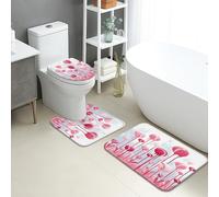 Set di tappetini da bagno 3 pezzi, motivo floreale pesca assorbente, antiscivolo, a forma di U, lavabile, ispirato alla primavera, in flanella ad asciugatura rapida