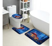 Set di tappetini da bagno a forma di fungo, 3 pezzi, motivo foresta incantata, antiscivolo, a forma di U, lavabili, ad asciugatura rapida, in memory foam, set di tappeti da bagno