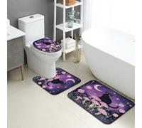 Set di tappetini da bagno a forma di gatto, 3 pezzi, motivo floreale viola notte cielo floreale assorbente antiscivolo a forma di U, lavabile, luna magica ad asciugatura rapida, set di tappeti da