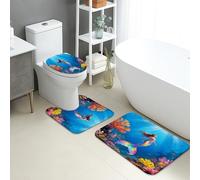 Set di tappetini da bagno a forma di sirena, 3 pezzi, colorati con scena oceanica, assorbente, antiscivolo, a forma di U, lavabile, estivo, costiero, ad asciugatura rapida, in flanella