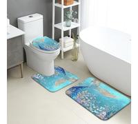 Set di tappetini da bagno a forma di sirena, 3 pezzi, motivo a coda di oceano, assorbente, antiscivolo, lavabili, in memory foam, motivo floreale costiero ad asciugatura rapida, in memory foam