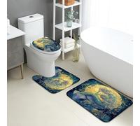 Set di tappetini da bagno a forma di sirena, 3 pezzi, motivo onde blu oceaniche, motivo floreale, assorbente, antiscivolo, lavabile, estivo, costiero, ad asciugatura rapida, in memory foam