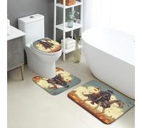 Set di tappetini da bagno a tema occidentale, 3 pezzi, motivo cowboy, assorbente, antiscivolo, a forma di U, lavabile, stile rustico, vintage, ad asciugatura rapida, in flanella