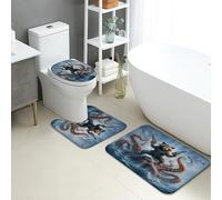 Set di tappetini da bagno a tema oceano, 3 pezzi, design artistico con polipo, assorbente, antiscivolo, a forma di U, lavabile, in flanella ad asciugatura rapida