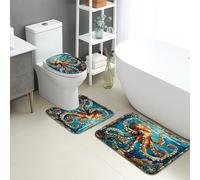 Set di tappetini da bagno a tema oceano, 3 pezzi, motivo polipo con creature oceaniche, assorbenti, antiscivolo, a forma di U, lavabili, decorazione costiera, ad asciugatura rapida, in flanella