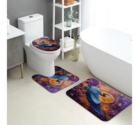 Set di tappetini da bagno artistici, 3 pezzi, design colorato con uccelli misteriosi, assorbenti, antiscivolo, a forma di U, lavabili, moderni, vivaci, ad asciugatura rapida, in flanella