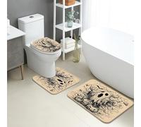 Set di tappetini da bagno astratti, 3 pezzi, motivo vintage nero e beige, motivo a vortice, assorbente, antiscivolo, a forma di U, lavabile, artistico ad asciugatura rapida, in flanella