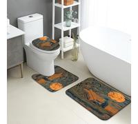 Set di tappetini da bagno autunnali, 3 pezzi, con albero artistico e luna, assorbente, antiscivolo, a forma di U, lavabile, stile vintage, ad asciugatura rapida, in flanella