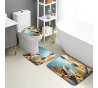 Set di tappetini da bagno autunnali, 3 pezzi, con barca panoramica sul fiume, assorbente, antiscivolo, a forma di U, lavabile, ispirato alla natura, in flanella ad asciugatura rapida, set di tappeti