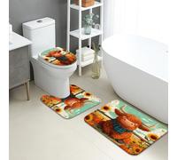 Set di tappetini da bagno autunnali, 3 pezzi, fantasioso motivo mucca delle Highland e girasole, tappeti da bagno antiscivolo a forma di U, lavabili, in memory foam, ad asciugatura rapida, set di