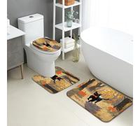 Set di tappetini da bagno autunnali, 3 pezzi, gatto con papillon, vintage, foglie autunnali, antiscivolo, a forma di U, lavabili, in memory foam, ad asciugatura rapida