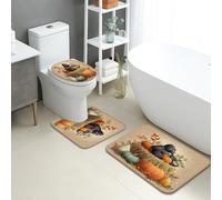 Set di tappetini da bagno autunnali, 3 pezzi, incantevoli gorilla, pagliaio, zucche, autunnali, assorbenti, antiscivolo, a forma di U, lavabili, stagionali, ad asciugatura rapida, in memory foam