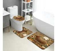 Set di tappetini da bagno autunnali, 3 pezzi, rustici con mucca delle Highland Floreali, assorbenti e antiscivolo, a forma di U, lavabili, accoglienti e ad asciugatura rapida, in memory foam
