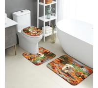 Set di tappetini da bagno autunnali, 3 pezzi, simpatici cuccioli di foglie autunnali, assorbenti, antiscivolo, a forma di U, lavabili, a tema animale, ad asciugatura rapida, in flanella