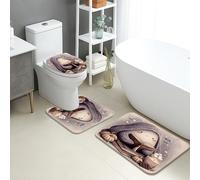 Set di tappetini da bagno autunnali, 3 pezzi, simpatici personaggi accoglienti, assorbenti, antiscivolo, a forma di U, lavabili, design stagionale caldo, ad asciugatura rapida, in flanella