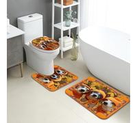 Set di tappetini da bagno autunnali, 3 pezzi, simpatici volti di cane con cappello, assorbenti e antiscivolo, a forma di U, lavabili, in memory foam, ad asciugatura rapida, set di tappeti da bagno