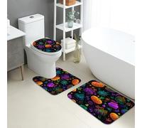 Set di tappetini da bagno colorati, 3 pezzi, astratti, pianeti cosmici, assorbenti, antiscivolo, a forma di U, lavabili, spazio vivace, ad asciugatura rapida, in flanella