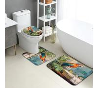 Set di tappetini da bagno colorati, 3 pezzi, design tropicale con foglie di pappagallo, assorbenti e antiscivolo, a forma di U, lavabili, in memory foam, ad asciugatura rapida, per l'estate
