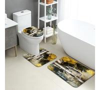 Set di tappetini da bagno con lupo autunnale, 3 pezzi, paesaggio forestale, acquerello, arte assorbente, antiscivolo, a forma di U, lavabile, ispirato alla natura, ad asciugatura rapida, in memory