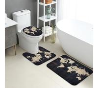 Set di tappetini da bagno con mappa del mondo, 3 pezzi, design vintage con geografia globale, assorbente, antiscivolo, a forma di U, lavabile, in flanella ad asciugatura rapida