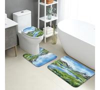 Set di tappetini da bagno con paesaggio montano, 3 pezzi, scenico blu verde natura assorbente antiscivolo tappeti da bagno a forma di U lavabili, in flanella primaverile ad asciugatura rapida set di