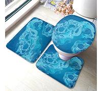 Set di tappetini da bagno con spruzzi d'acqua, bolle blu, gocce di pioggia, flusso, oceano, mare, tappetino da bagno, 3 pezzi, tappeto, coperchio del sedile del water, tappetino antiscivolo, tappeti