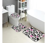Set di tappetini da bagno con stampa bacio, 3 pezzi, chic nero con segni delle labbra, assorbenti, antiscivolo, a forma di U, lavabili, divertenti, romantici, ad asciugatura rapida, in memory foam
