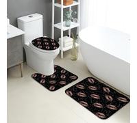 Set di tappetini da bagno con stampa bacio, 3 pezzi, design glamour con labbra glitterate, assorbente, antiscivolo, a forma di U, lavabile, elegante decorazione per la casa moderna
