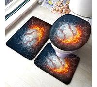 Set di tappetini da bagno da baseball Summer USA Sport Ball in Burning Fire Flame and Water Tappetino da bagno 3 pezzi Tappeto Coprisedile copriwater Tappetino antiscivolo Tappetino antiscivolo Blu