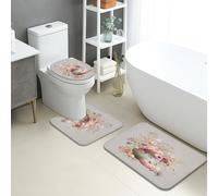 Set di tappetini da bagno eleganti, 3 pezzi, morbido design floreale, assorbente, antiscivolo, a forma di U, lavabile, ispirato alla primavera, in flanella ad asciugatura rapida